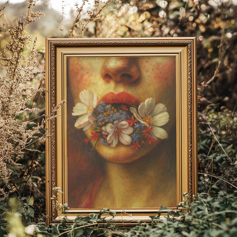 Renaissance style fine art print featuring a woman's lower face with parted coral lips from which delicate white cosmos flowers and botanical elements emerge, painted in warm amber and golden tones with classical oil painting technique, perfect for dark academia gothic home decor and vintage botanical wall art collections.